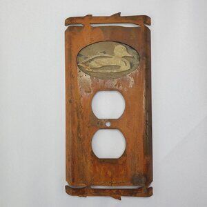 Vintage Stone Duck Motif Double Outlet Cover Plate Rustic Metal Cabin Decor